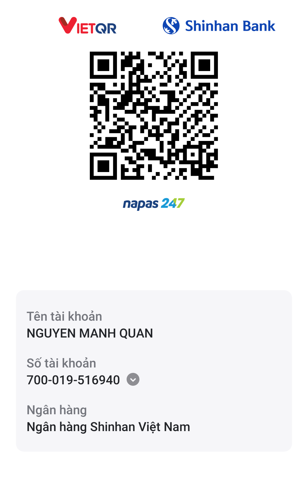 Mã QR chuyển khoản Shinhan Bank